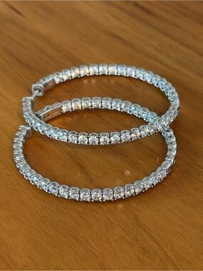 Boutique Vintage Silver Crystal Hoop Earrings - Sparkling CZ Tennis Hoops